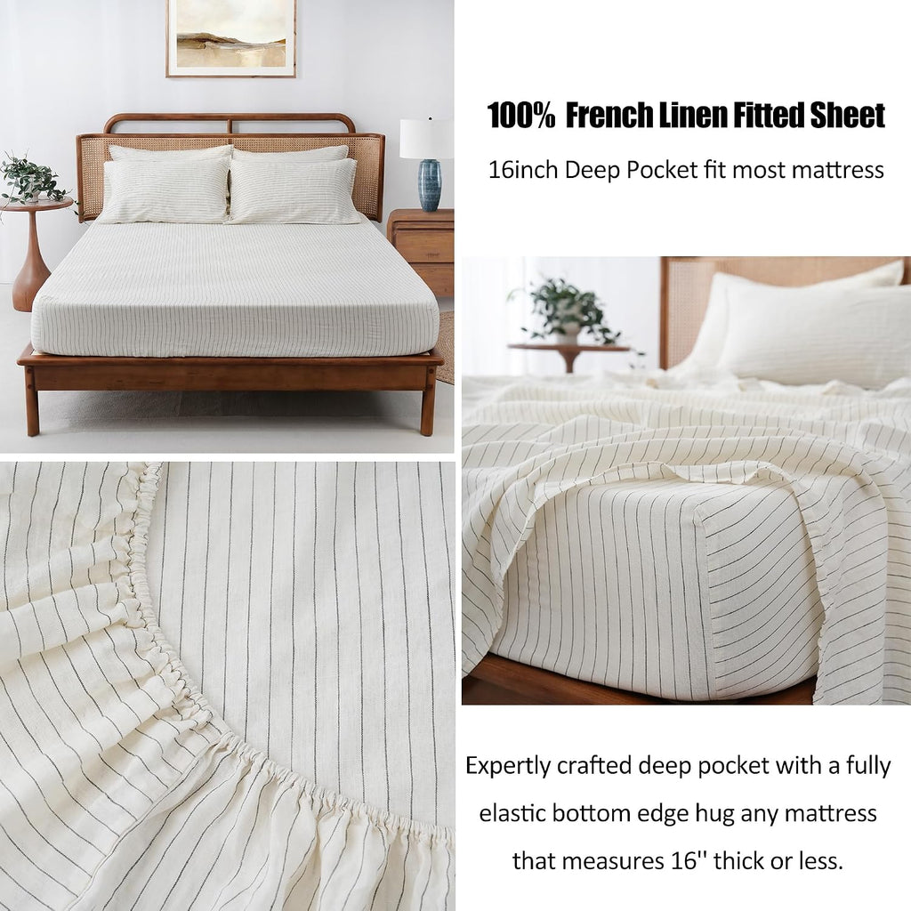 S VICTORY SYMBOL 100% Organic Linen Sheets Set Grey Pinstripe,Yarn Dyed French Natural Stone Washed Flax Bedding Set,3pcs Bed Sheets Twin XL Size,Ultra Soft&Breathable