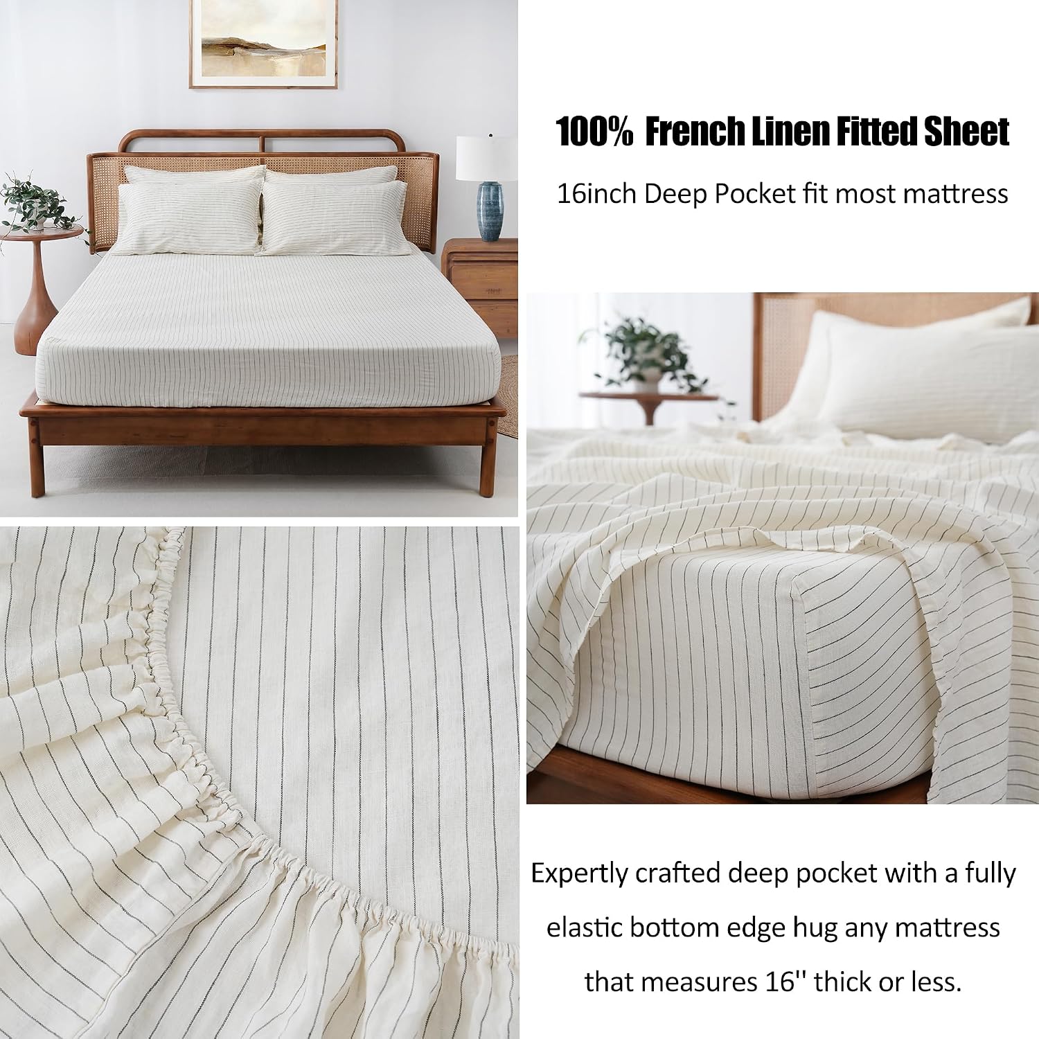 S VICTORY SYMBOL 100% Organic Linen Sheets Set Grey Pinstripe,Yarn Dyed French Natural Stone Washed Flax Bedding Set,3pcs Bed Sheets Twin XL Size,Ultra Soft&Breathable