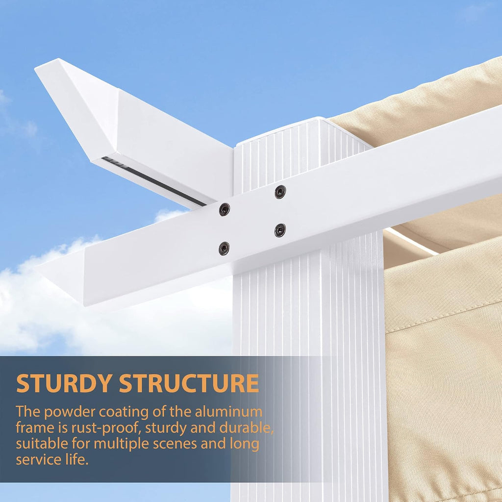 HAPPATIO 10' X 13' Pergola Retractable Canopy with White Frame for Backyards, Gardens, Patios, Outdoor Pergola with Sun Shade Canopy (Beige)