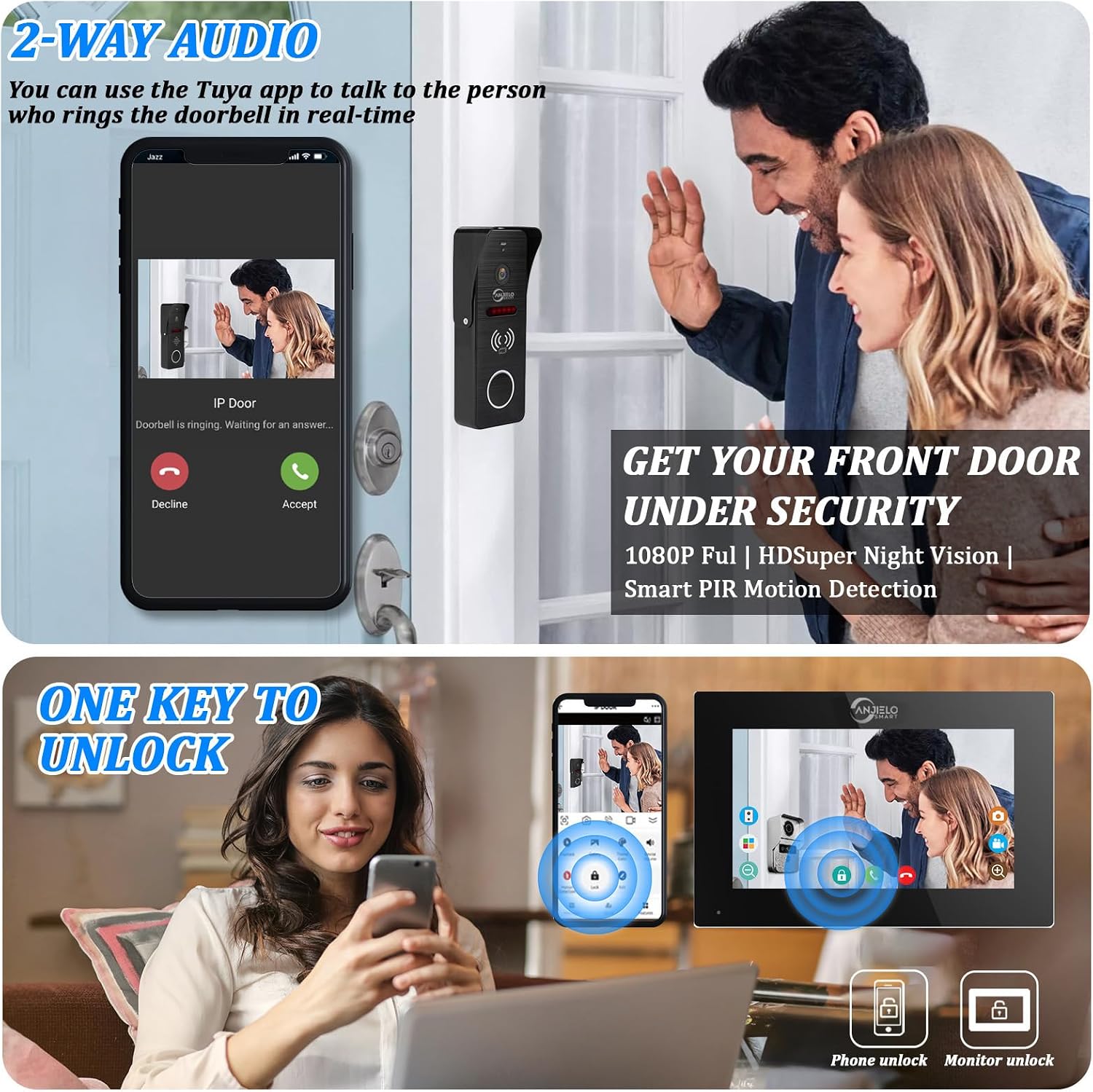 ANJIELO SMART Wired Video Doorbell with Indoor Monitor, Wired Video Doorbell Intercom System,Two-Way Audio, Motion Detection for Home Security (1 Doorbell + 1 Monitor)