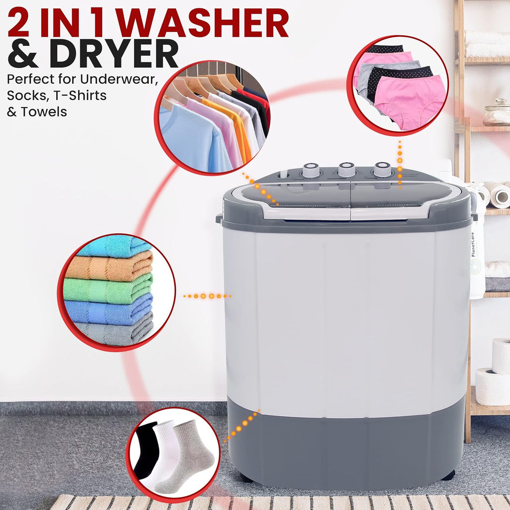 Pyle Portable Washing Machine - Twin Tub 11Lbs Capacity, Compact Mini Laundry Washer (7.7 Lbs) & Spinner (3.3 Lbs) with Timer Control - Perfect for Home, Apartment, Camping, RVs and Dorms (Grey)