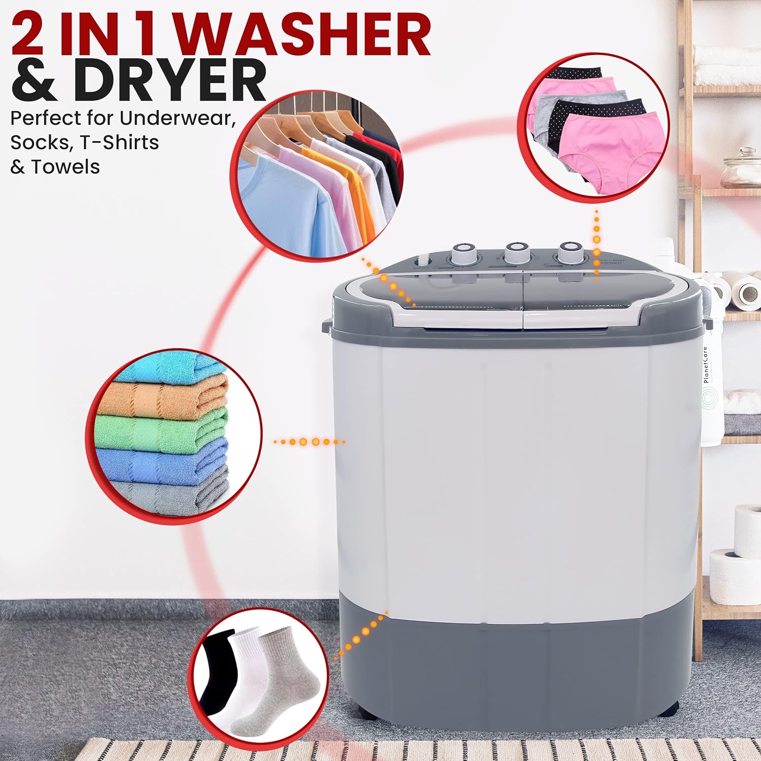 Pyle Portable Washing Machine - Twin Tub 11Lbs Capacity, Compact Mini Laundry Washer (7.7 Lbs) & Spinner (3.3 Lbs) with Timer Control - Perfect for Home, Apartment, Camping, RVs and Dorms (Grey)