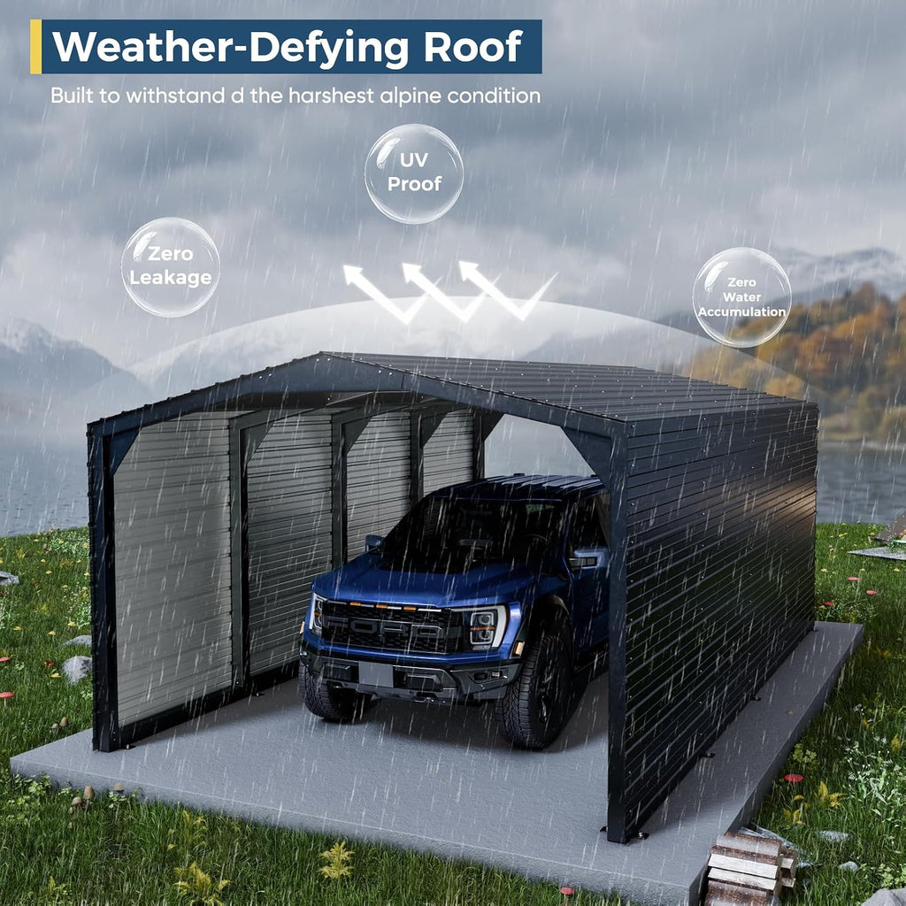 Metal Carport 12x20ft Heavy-Duty 2-Sided Enclosure | Military-Grade Reinforced Garage Kits with Steel Roof & Hurricane | 100lbs/Sq.Ft Snow/RV/Camper/Truck/Tractor Shelter