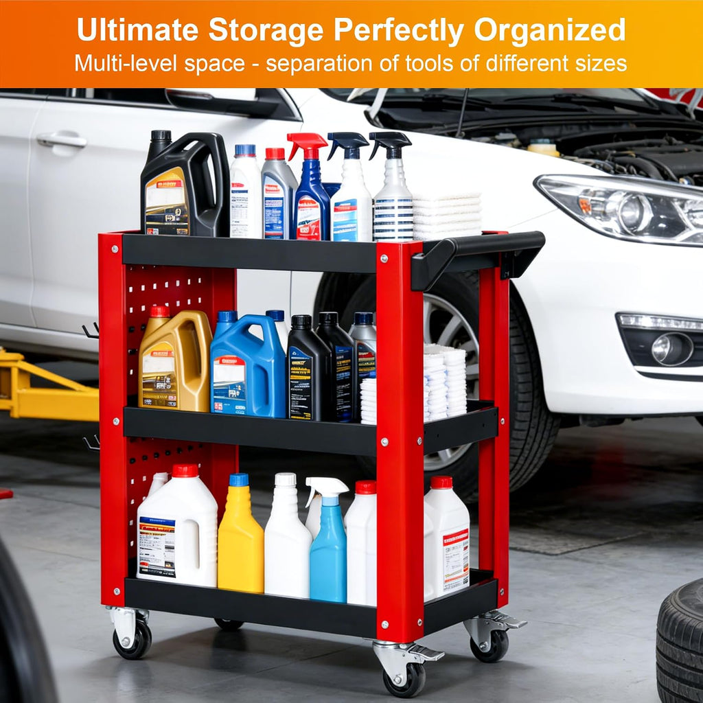 3 Tier Rolling Tool Cart on Wheels, Mechanic Storage Organizer, Rolling Work Cart with Pegboard for Garage, Workshop, Warehouse (Red and Black)
