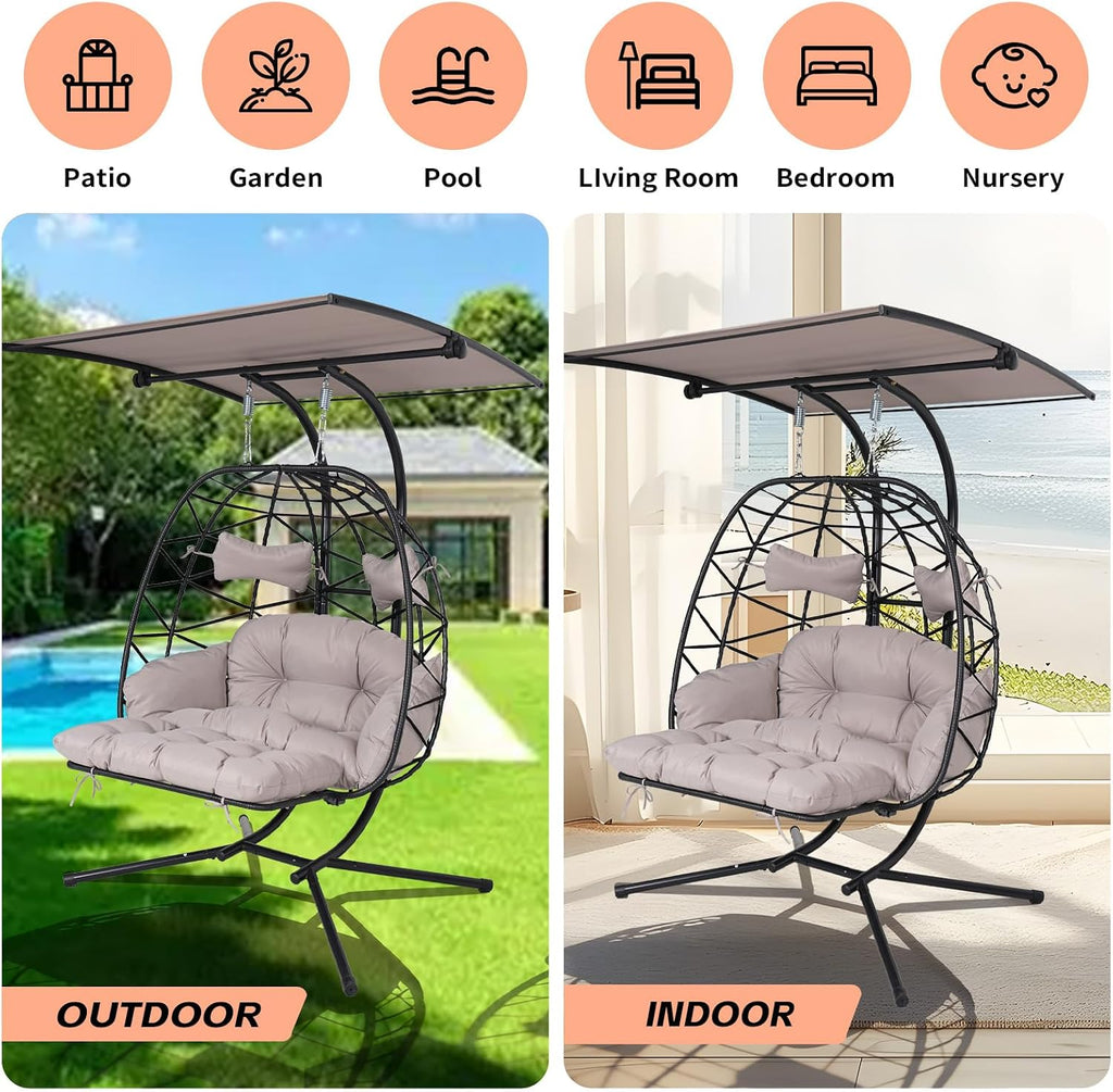 Double Egg Chair Outdoor with Stand & Canopy, 2 Person Hanging Egg Chair with Footrest, Oversized Rattan Wicker Egg Swing Chair with Lights for Bedroom Garden, 660Lbs, Black-Light Gray