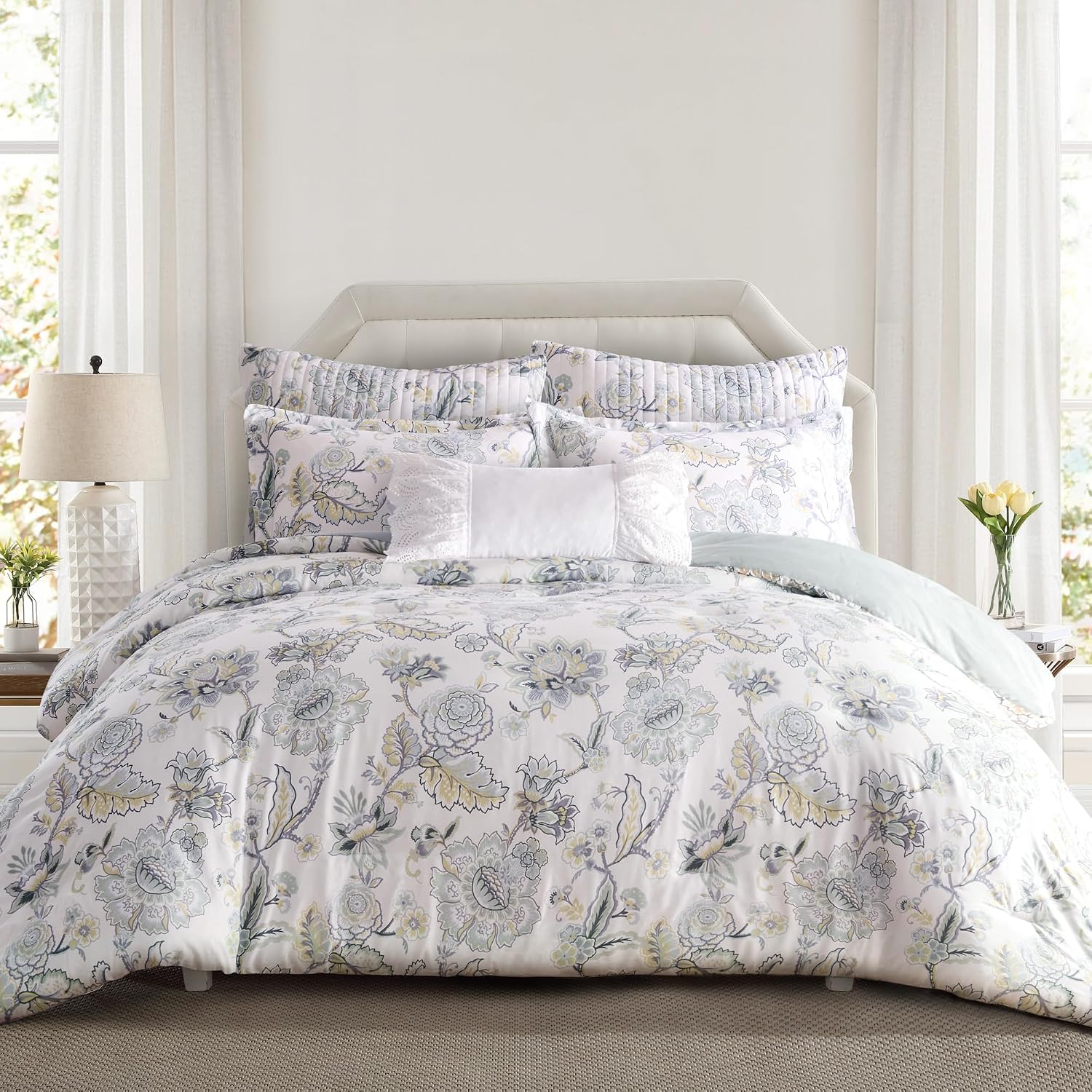 Levtex Home Ophelia Spa Reversible Twin/Twin XL Comforter Set (68x88in) with 1 Pillowcase (26x20in) - Bedding - Blue, Yellow, White - Rayon Twin Size Comforter Set - Lightweight, Soft, Pre-Washed