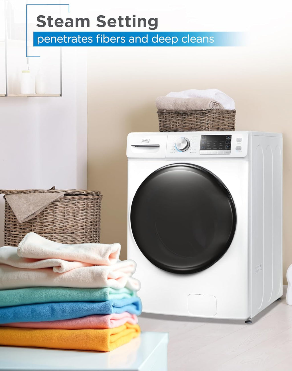 BLACK+DECKER 4.5 Cu. Ft. Front Load Washer, Full Size Washing Machine with 12 Cycles, ENERGY STAR certified Washer Machine, Hot & Cold Inlet Hoses, LED Display, 120V, BFLW45M, White