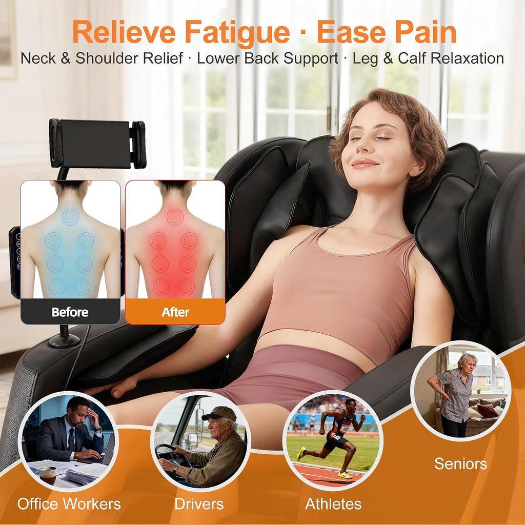 Massage Chair Full Body and Recliner, Zero Gravity Massage Chairs, 10 Fix Rollers, Airbags, Heating, Foot Massage, Auto Modes, Bluetooth Speaker and Touch Control Screen for Home and Office (Black)