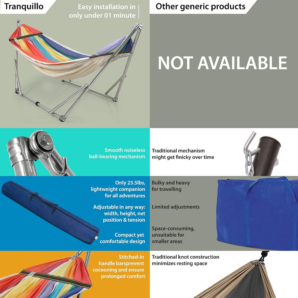 Tranquillo Double Hammock with Stand 550lb Capacity Double Hammock with Spreader Bar, Solid Grade 201 Stainless Steel 30s Set Up, Sturdy Flexible Hammock Stand Portable, Outdoor Indoor, Rainbow