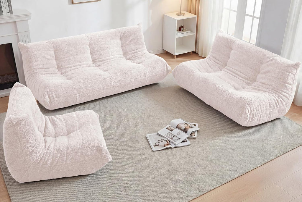Bean Bag 3-Seater Chair Big Sofa Beanbag Chair for Adults Fireside Chair Bean Bag Lounger with Memory Foam Filled for Home,Apartment or Gaming Venue（Beige Teddy）