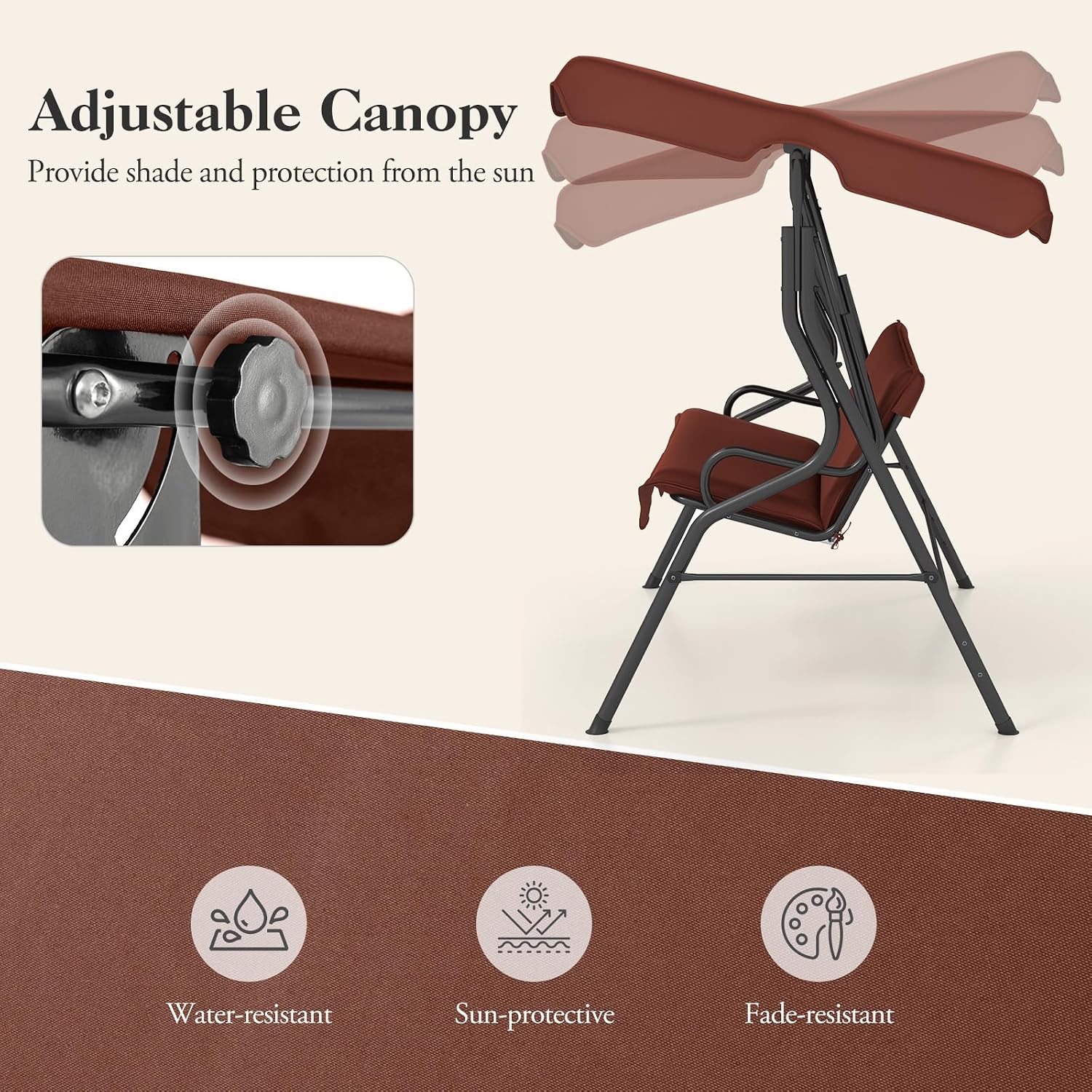 DREAMADE Porch Swing Outdoor, 3 Person Patio Swing w/Removable Cushion, Stand & Adjustable Canopy, Heavy Duty Swing Chair for Patio, Garden, Courtyard, Poolside