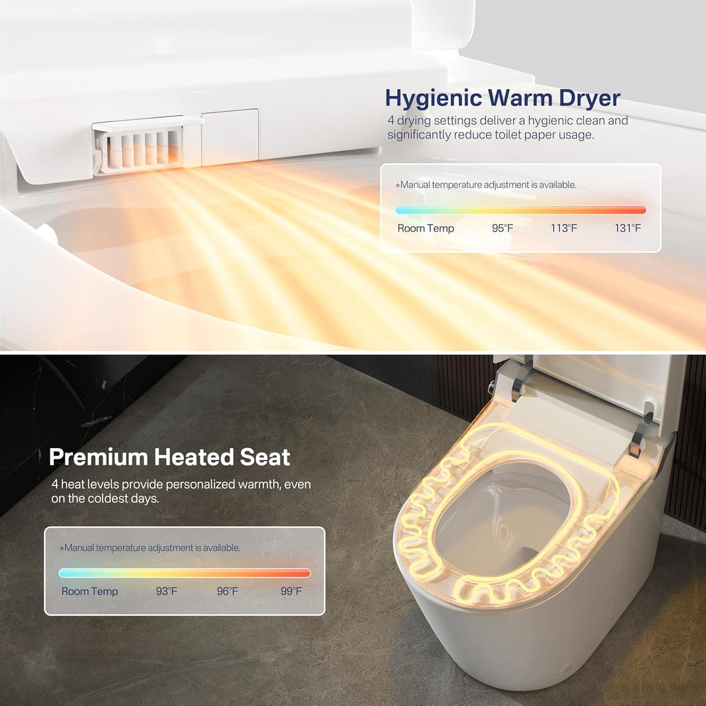 Smart Toilet, Eridanus One Piece Bidet Toilet for Bathroom, Toilet with Heated Bidet Seat, Adjustable Warm Water Wash & Dryer, Foot Sensor Flush, Tankless Toilet with LED Display, White & Gray