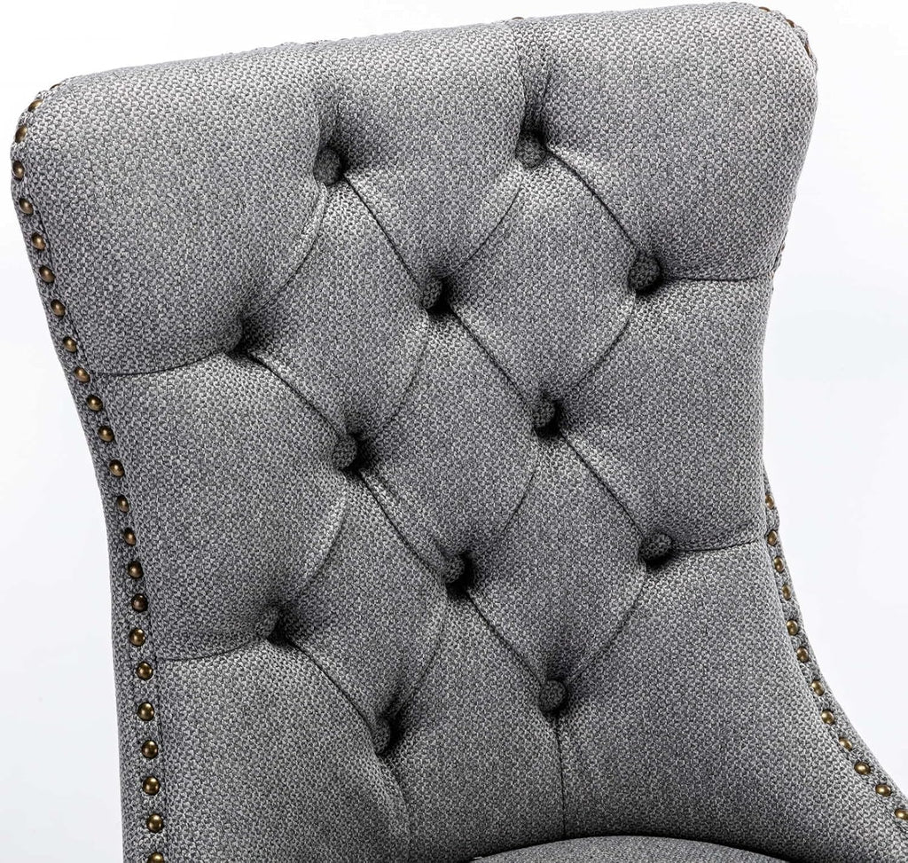 Ball & Cast Contemporary Upholstered Dining Chairs Set of 2, Button Tufted Kitchen Side-Chairs with Hang Ring & Nailhead Trims & Solid Wood Legs, 2-Piece Backrest Traditional Chair, Linen Gray