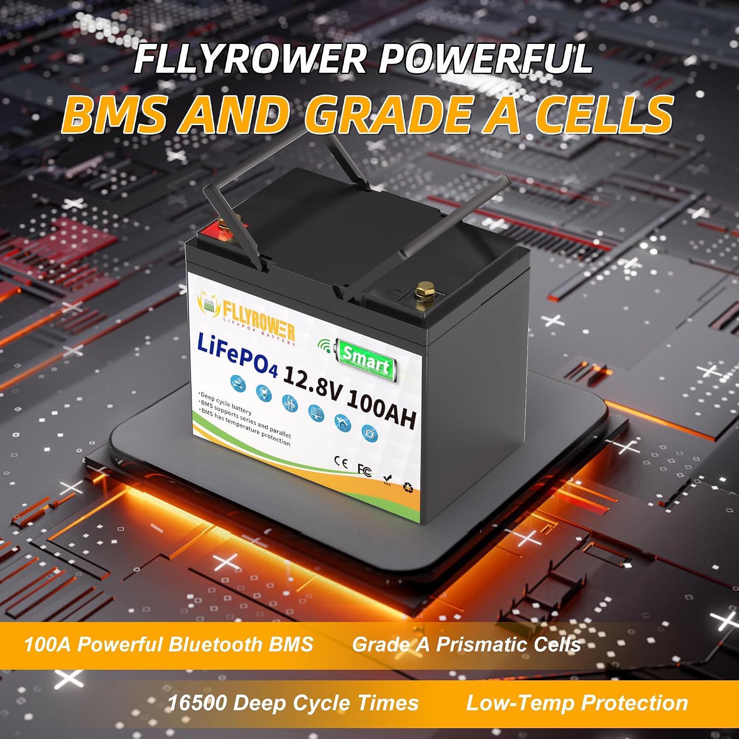 FLLYROWER Lithium Battery 12V 100AH With Smart BMS and 17000 Deep Cycles Lifepo4 Battery Grade A Cells for Marine Trolling Motor RV camping Solar Golf Cart Off-Grid