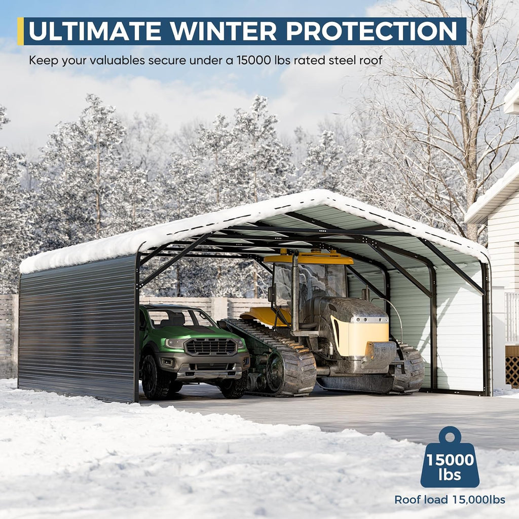 20x20 FT Heavy Duty Metal Carport with 2-Sided Enclosure, 2-Car Garage with Galvanized Steel Roof and Reinforcement, 120lbs/Sq.Ft Snow/Wind Resistant, Ground Anchors, Fits Pickups, Trucks, RVs,Boats