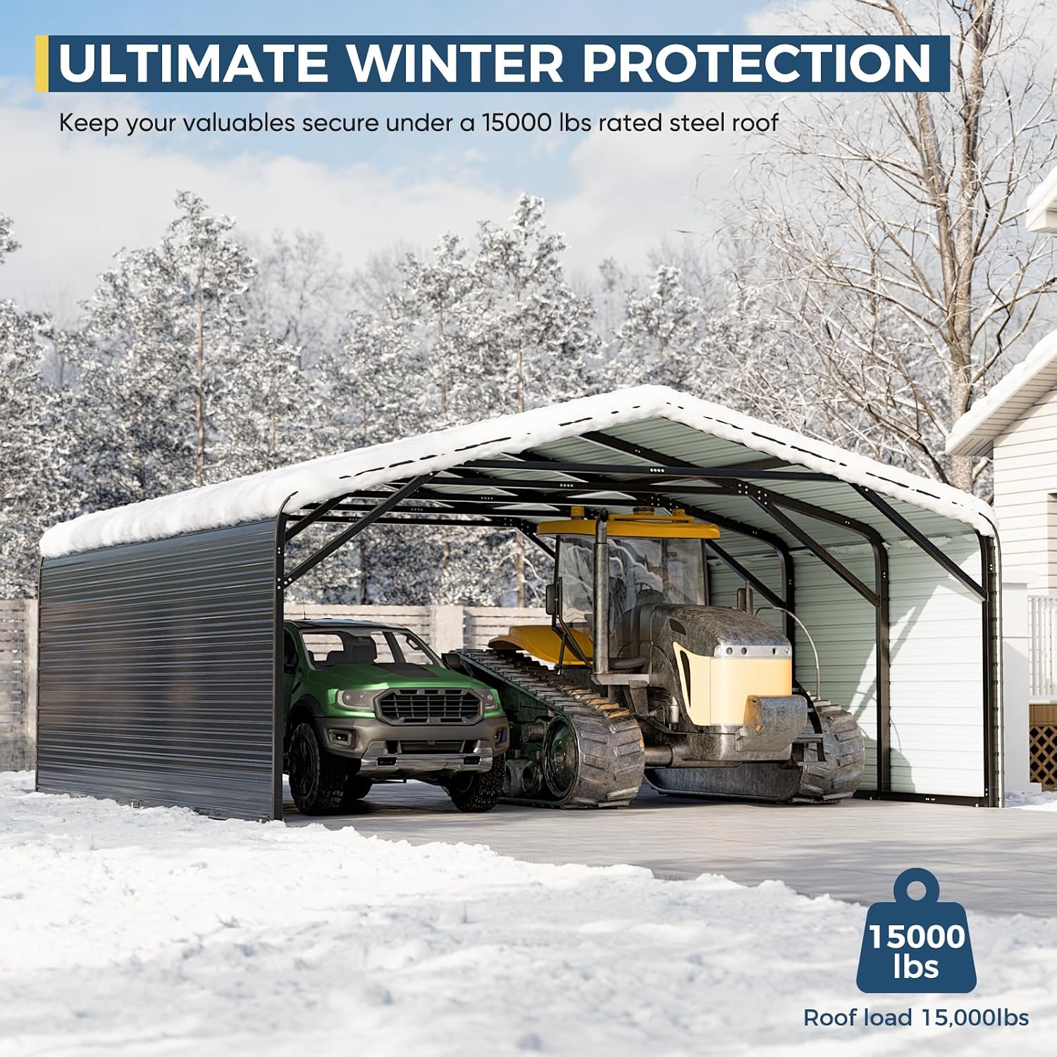 20x20 FT Heavy Duty Metal Carport with 2-Sided Enclosure, 2-Car Garage with Galvanized Steel Roof and Reinforcement, 120lbs/Sq.Ft Snow/Wind Resistant, Ground Anchors, Fits Pickups, Trucks, RVs,Boats