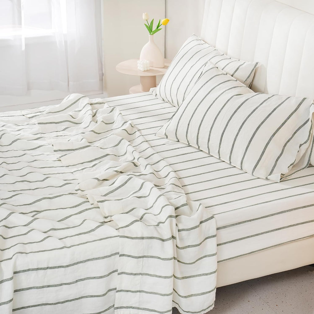 S VICTORY SYMBOL 100% Organic Linen Sheets Set Striped,Yarn Dyed Green Vertical Stripe Bed Sheets King Size,French Natural Flax Bedding Set 4pcs