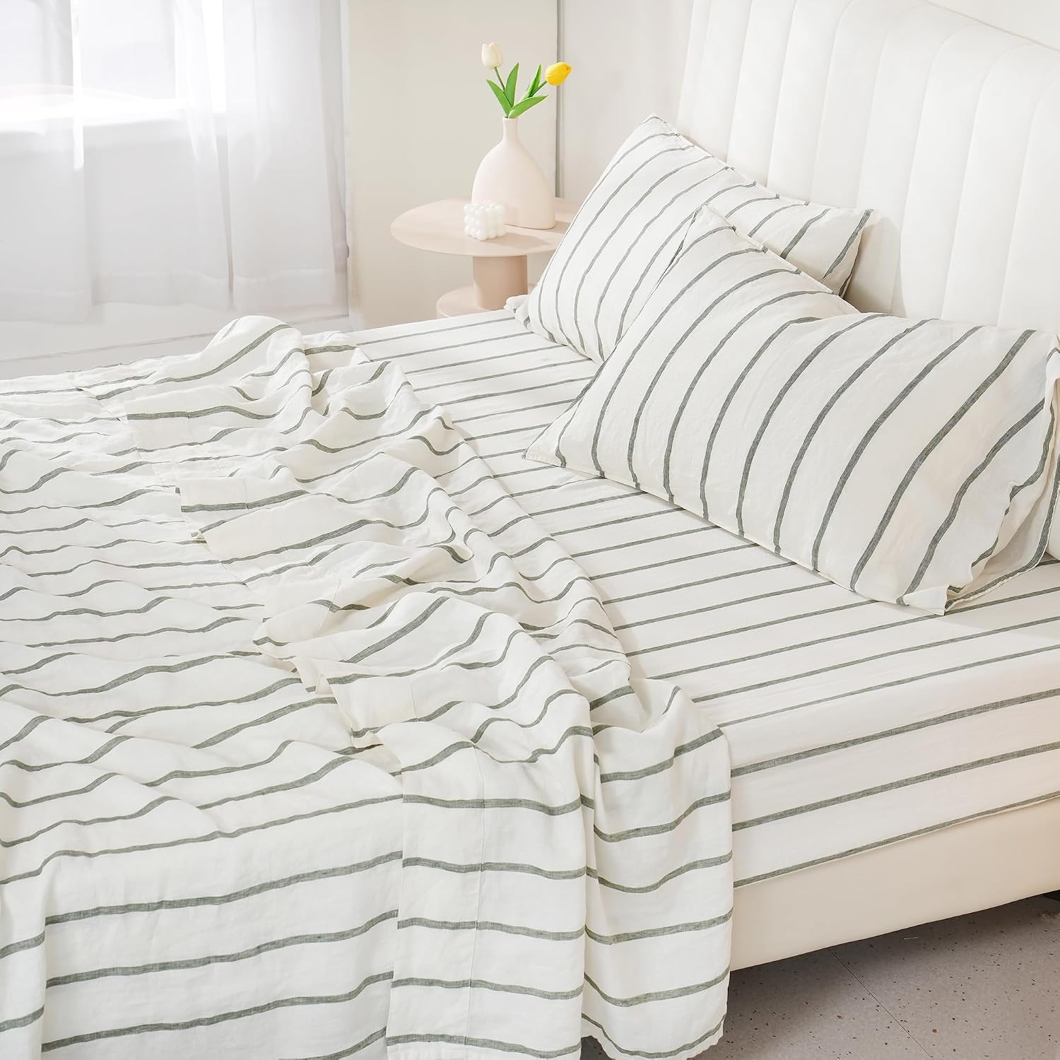 S VICTORY SYMBOL 100% Organic Linen Sheets Set Striped,Yarn Dyed Green Vertical Stripe Bed Sheets King Size,French Natural Flax Bedding Set 4pcs