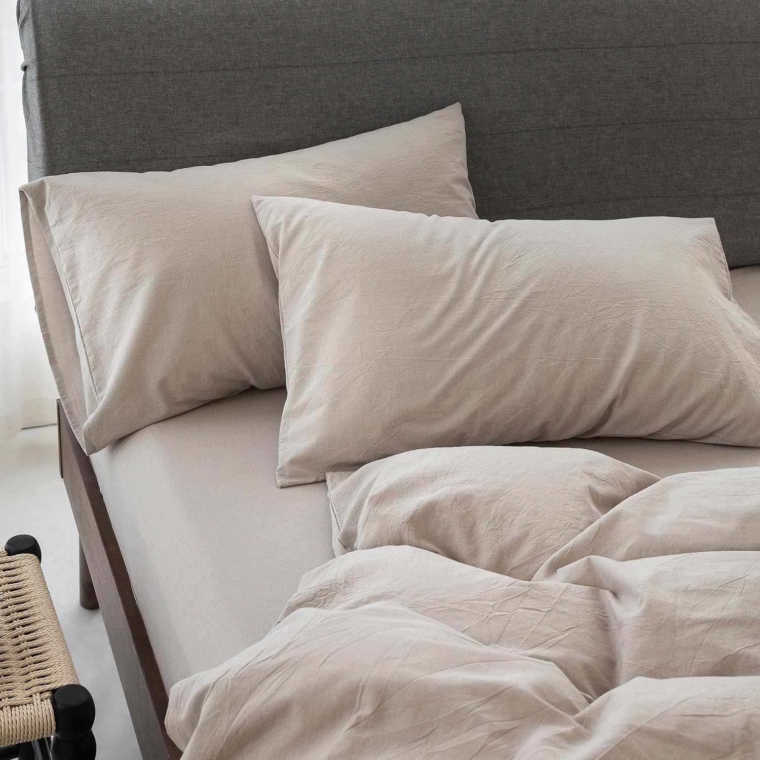 Super King Plus Cooling Duvet Cover Set - 3 Pieces 100% Cotton Bedding, Breathable, Crisp Linen-Like Texture, Naturally Soft & Gets Better, Hidden Zipper & Corner Ties – Beige Grey, 120'x120'