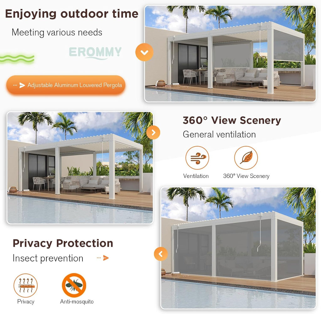 EROMMY 12x20 Louvered Pergola with Side Pull-Down Screen, Outdoor Aluminum Pergola with Thickened Frame and Adjustable Metal Rainproof Roof for Deck Patio Garden Yard, White