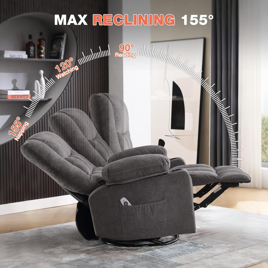 Massage Swivel Recliner Chair with Vibration Massage and Lumbar Heating for Adults,Oversized Rocker Recliner Single Sofa with Side Pocket,Two Cup Holders and USB Charge Port for Living Room