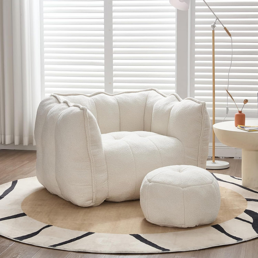 Giant Bean Bag Chair with Ottoman, Oversized Beanbag Chair for Adults, Comfy Floor Sofa Chair with Foam Filler, Pumpkin Lazy Lounger for Living Room, Game Room, Reading Corner, Chenille Beige