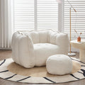 Giant Bean Bag Chair with Ottoman, Oversized Beanbag Chair for Adults, Comfy Floor Sofa Chair with Foam Filler, Pumpkin Lazy Lounger for Living Room, Game Room, Reading Corner, Chenille Beige