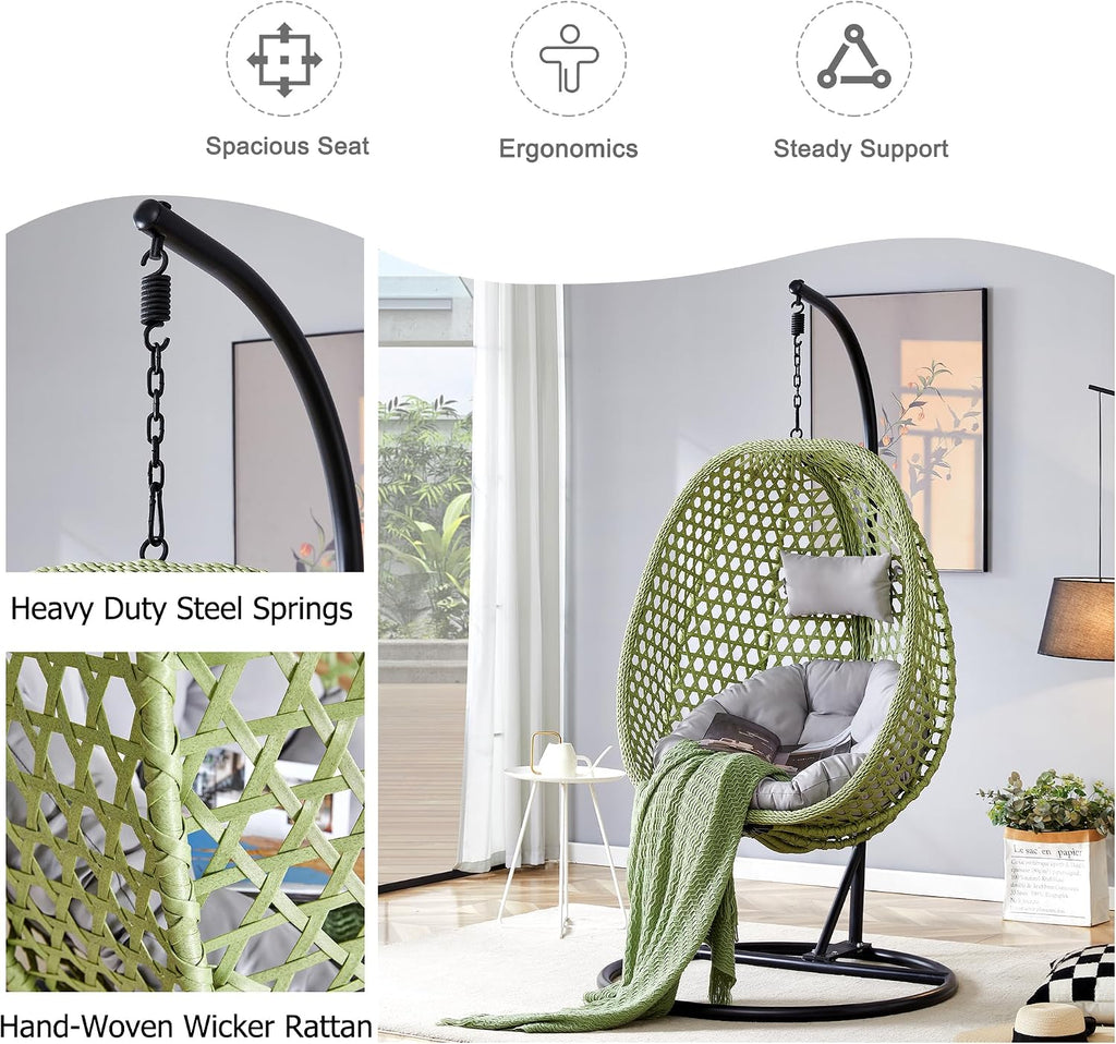 Egg Swing Chair with Stand,Swing Egg Chair with Stand, Green Rattan Hanging Egg with Soft Cushion, Outdoor Hanging with Foldable Basket and Metal Stand for Bedroom Patio