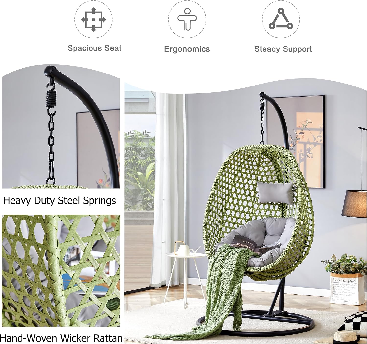 Egg Swing Chair with Stand,Swing Egg Chair with Stand, Green Rattan Hanging Egg with Soft Cushion, Outdoor Hanging with Foldable Basket and Metal Stand for Bedroom Patio