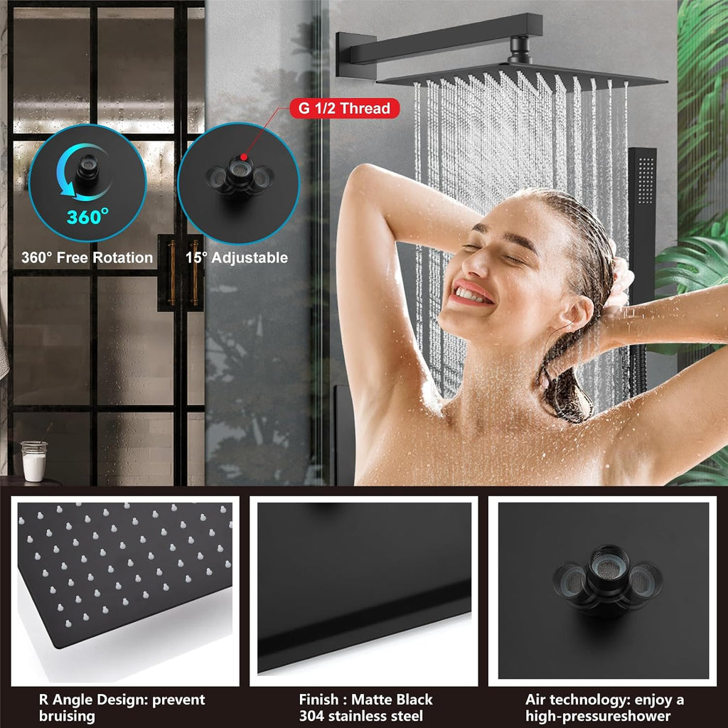 Midanya Shower System with Tub Spout,Bathtub Shower Faucet Set with Square Rainfall Head and Handheld Sprayer Wall Mount Tub Faucet Set with Valve and Trim Kit,10 Inch Matte Black