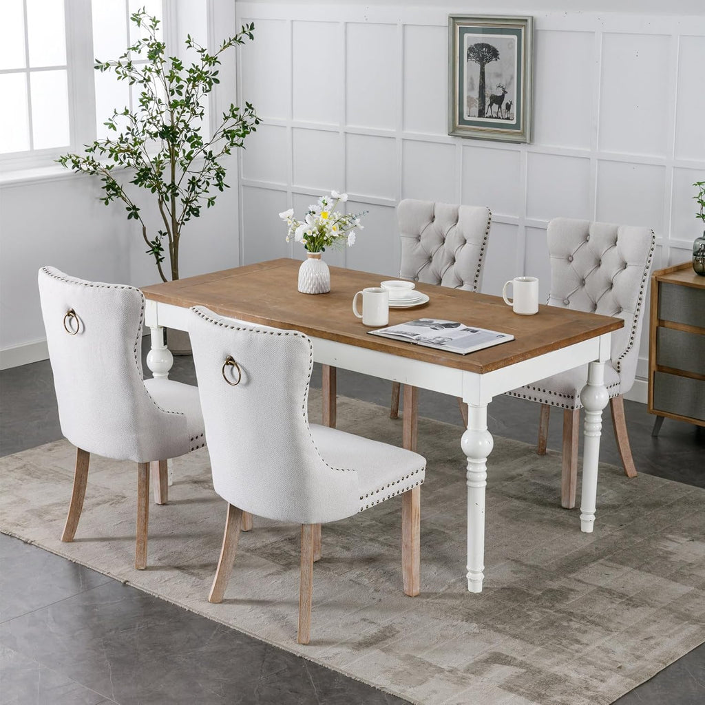 Ball & Cast Contemporary Upholstered Dining Chairs Set of 2, Button Tufted Kitchen Side-Chairs with Hang Ring & Nailhead Trims & Solid Wood Legs, 2-Piece Backrest Traditional Chair, Linen Beige