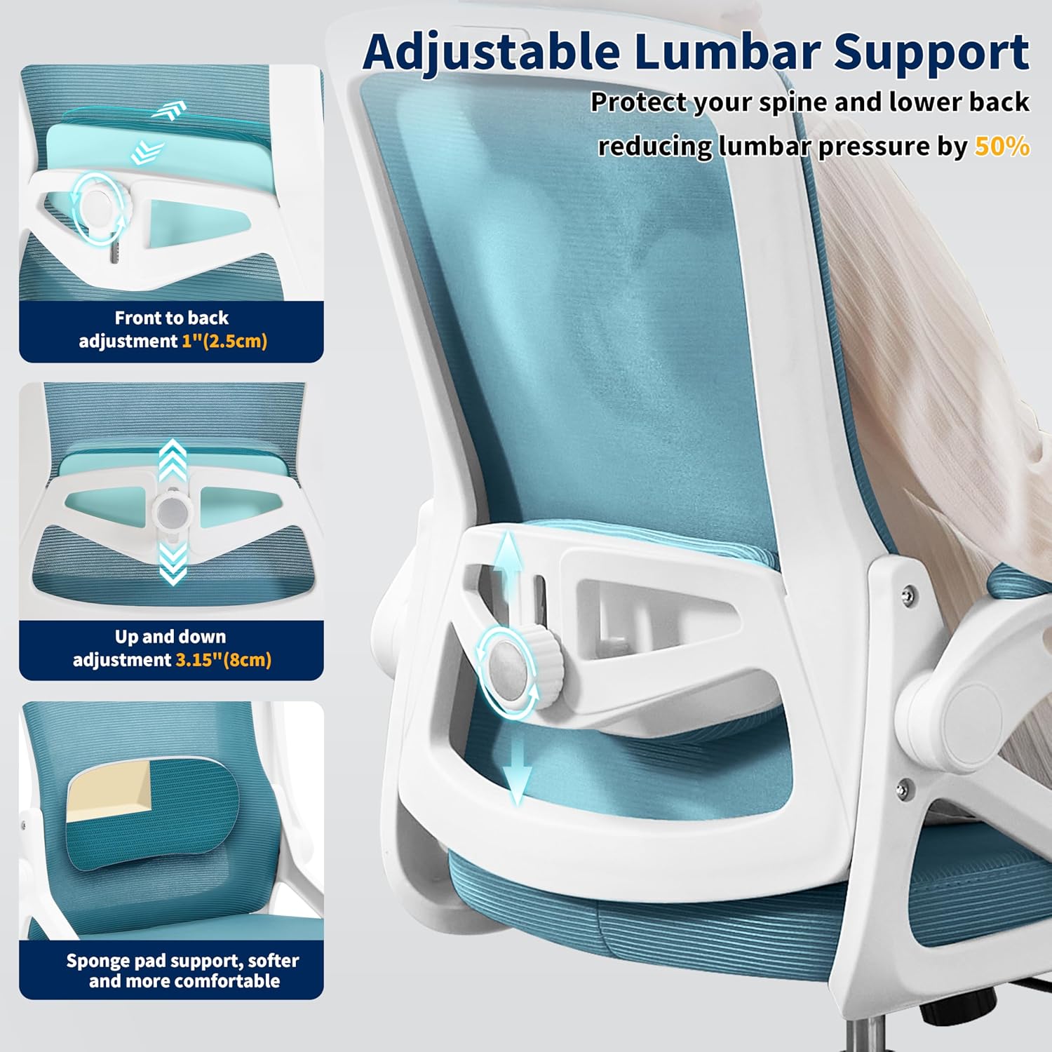Ergonomic Office Chair, Desk Chair with Adjustable Lumbar Support, Breathable Mesh Comfy Computer Chairs with Flip-up Armrests Executive Task Chair for Adults Home Office (Lake Blue)