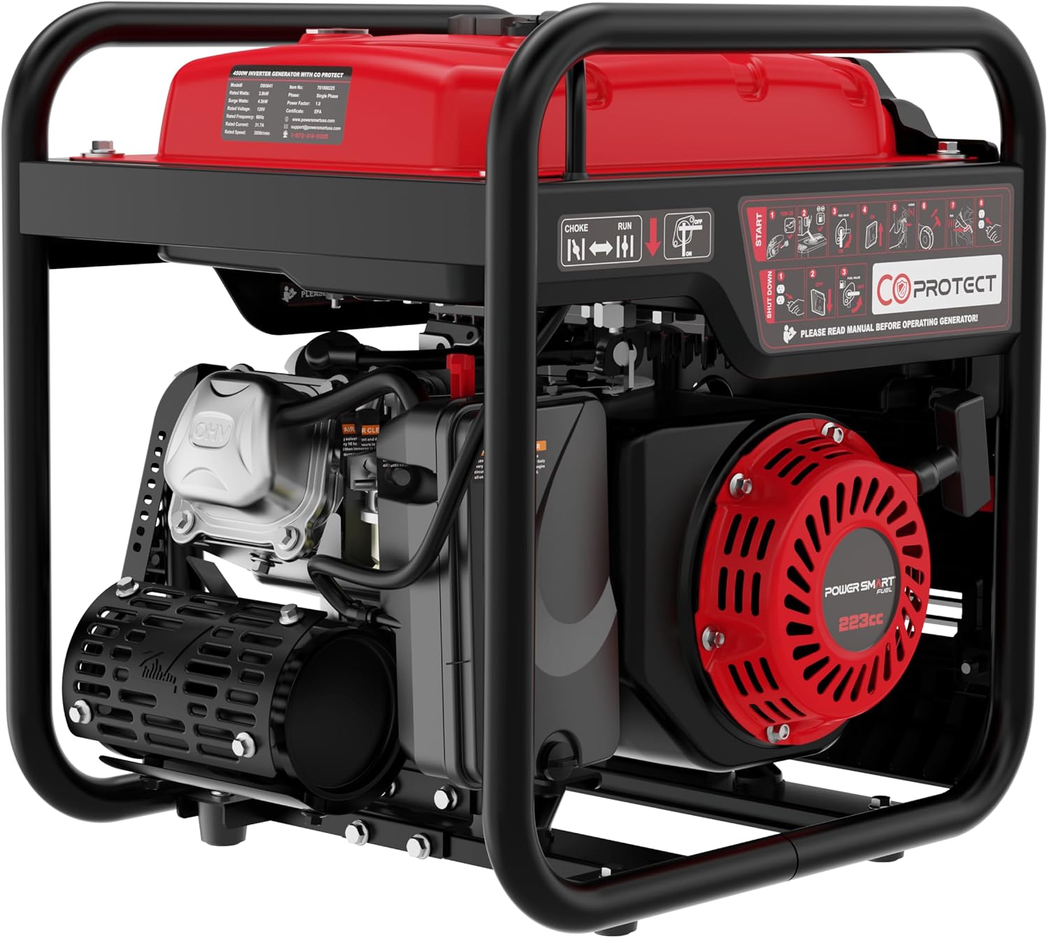 PowerSmart 4500W Portable Inverter Generator, 3800W Rated Super Quiet Gas Powered Engine with CO Alarm, Parallel Ready, 223cc, Clean Power for Sensitive Electronics, RV Ready & Emergency Home Backup