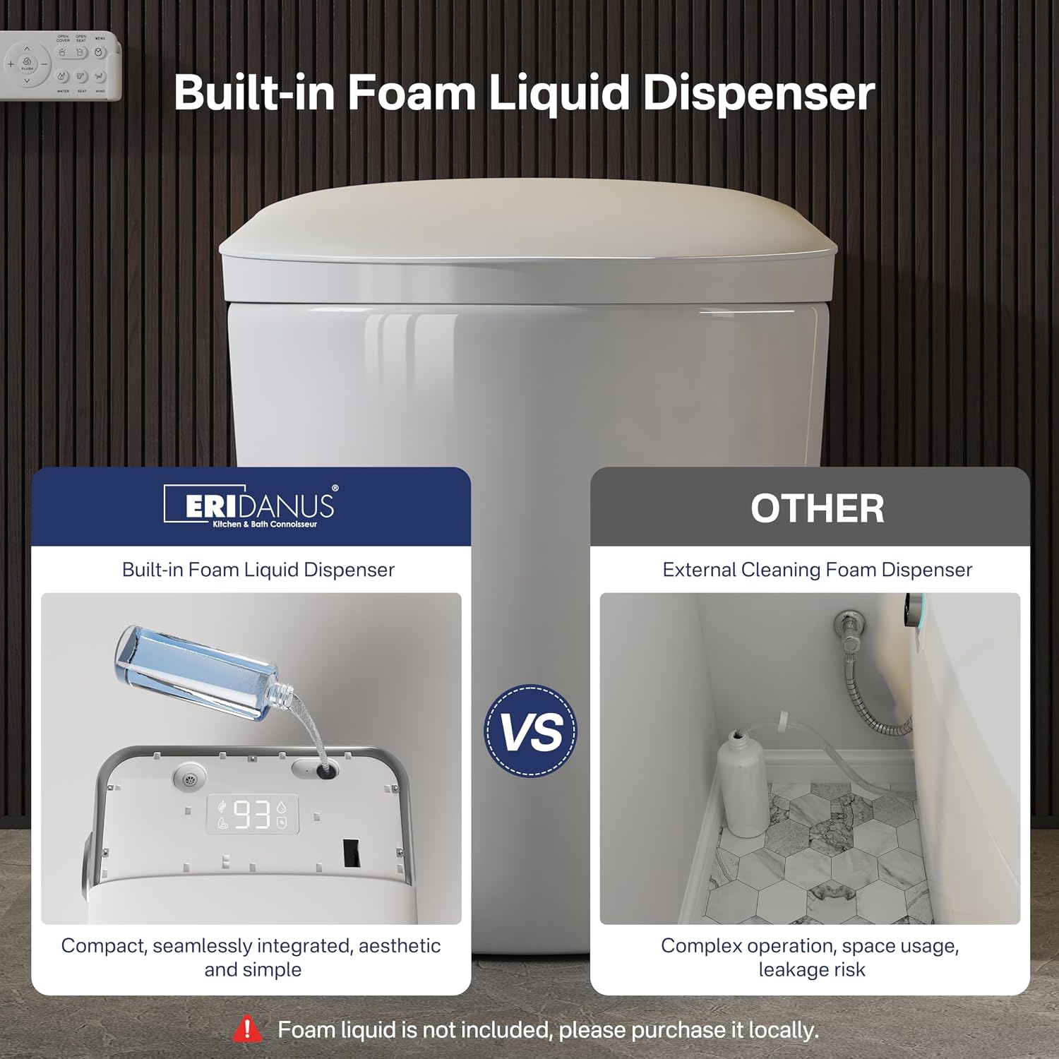 Eridanus Smart Toilet with Bidet Built in, Bidet Toilet with Auto Open/Close Lid, Cleaning Foam Dispenser, Warm Water Sprayer & Air Dryer, Foot Sensor Flush, Elongated Heated Seat, ADA Height