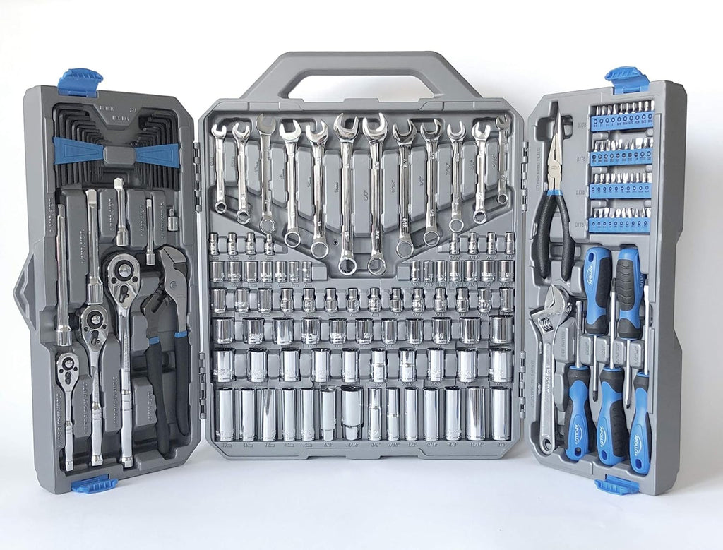 Apollo Tools 163 Piece SAE and Metric Mechanics and Automotive Tool Set with 72-Teeth Ratchets and Extensive Socket Assortment in Chrome Vanadium Steel Construction - Blue- DT0002
