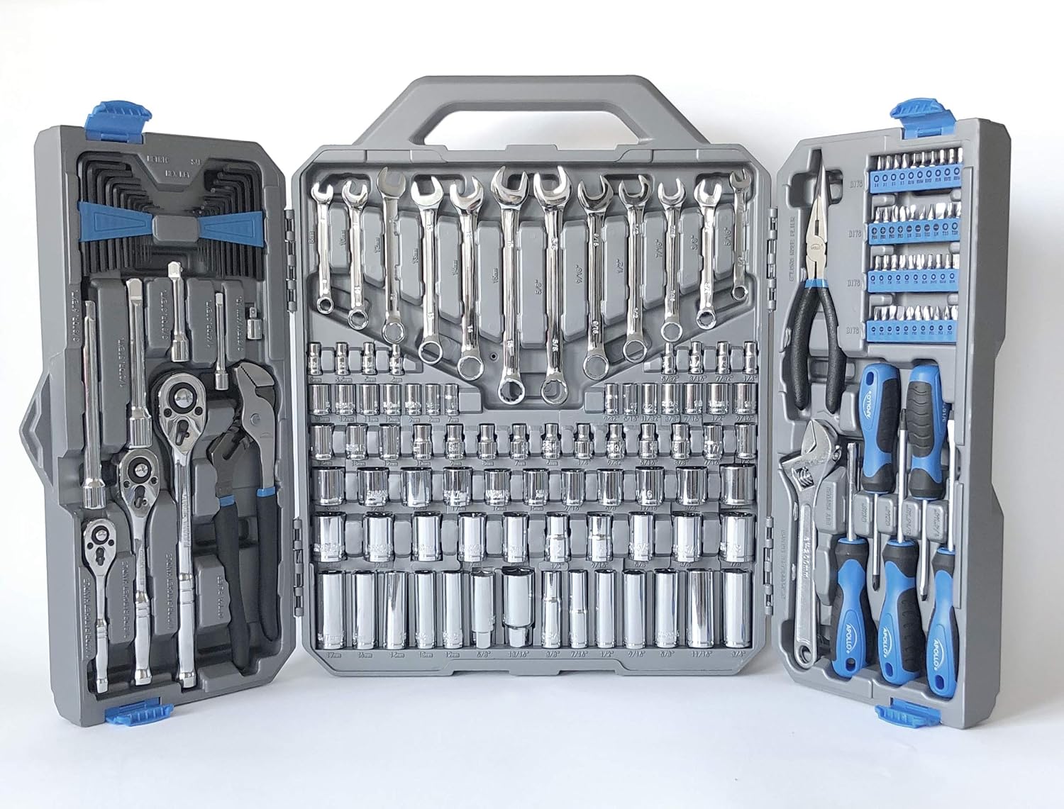 Apollo Tools 163 Piece SAE and Metric Mechanics and Automotive Tool Set with 72-Teeth Ratchets and Extensive Socket Assortment in Chrome Vanadium Steel Construction - Blue- DT0002