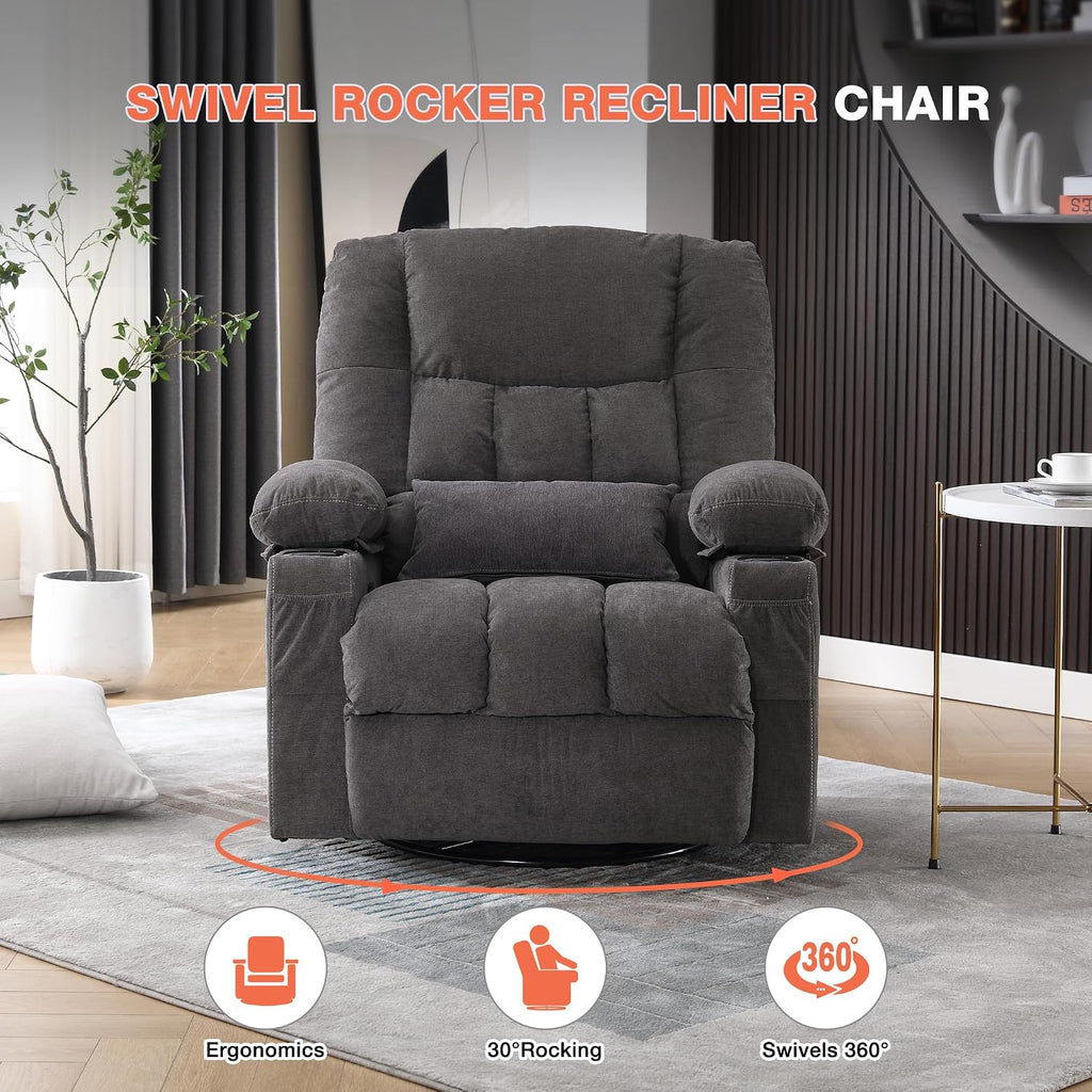 Massage Swivel Recliner Chair with Vibration Massage and Lumbar Heating for Adults,Oversized Rocker Recliner Single Sofa with Side Pocket,Two Cup Holders and USB Charge Port for Living Room