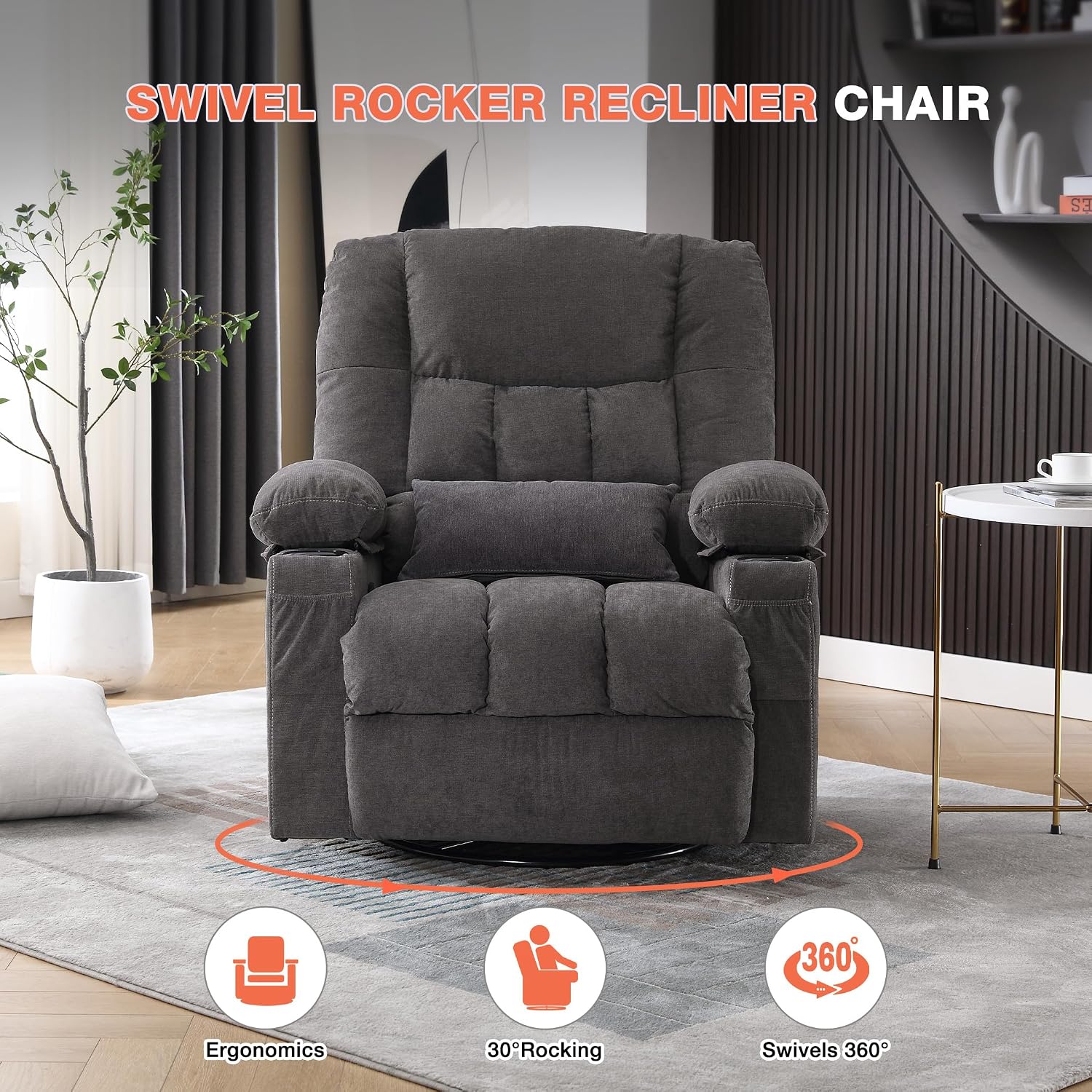 Massage Swivel Recliner Chair with Vibration Massage and Lumbar Heating for Adults,Oversized Rocker Recliner Single Sofa with Side Pocket,Two Cup Holders and USB Charge Port for Living Room