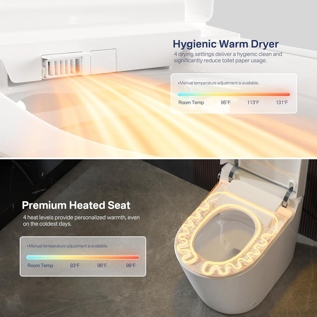 Smart Toilet, Eridanus One Piece Bidet Toilet for Bathroom, Toilet with Heated Bidet Seat, Adjustable Warm Water Wash & Dryer, Foot Sensor Flush, Tankless Toilet with LED Display, White