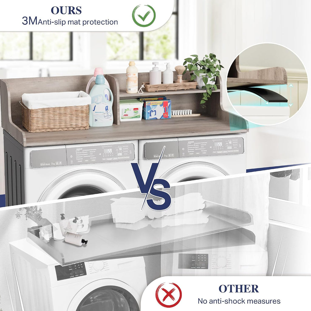 DTK Washer Dryer Wood Countertop with Shelf, Laundry Topper with Non-Slip Mat,27.55' Depth x 54' Width Dryer Covers for The Top with Edge Rails (Rural)