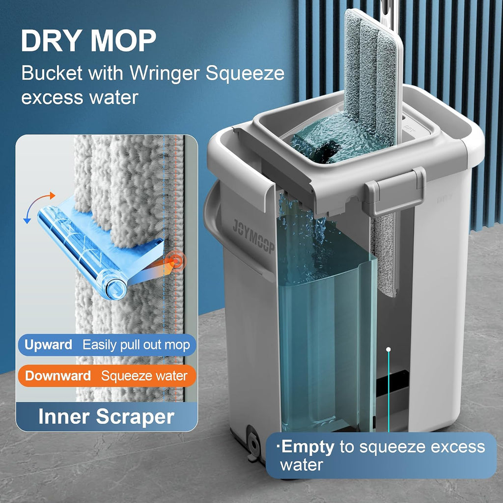 JOYMOOP Mop and Bucket Set for Floor and Wall Cleaning, Commercial and Household Use, Flat Mop System with 60' Dual Mops + 8 Pads
