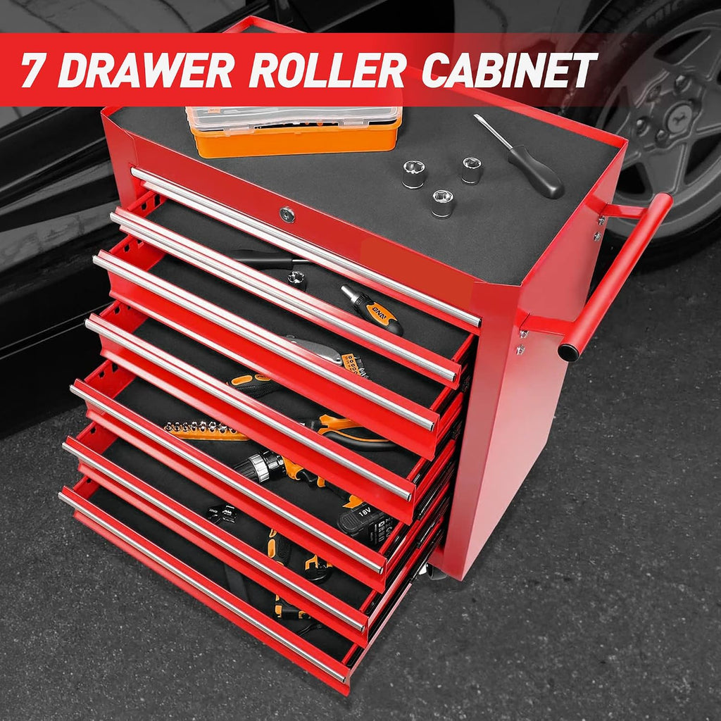 7-Drawer Rolling Tool Chest w/Drawers & Lock, Tool Storage Cabinet with Lockable Wheels, Top Cushion & Drawer Liners, Tool Organizer Box for Garage, Warehouse & Repair Sho