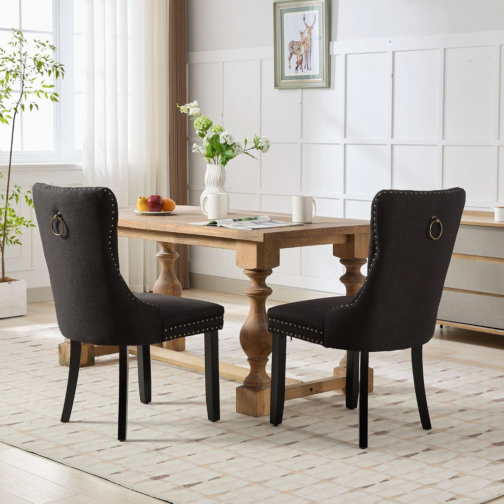 Ball & Cast Contemporary Upholstered Dining Chairs Set of 2, Flax Button Tufted Kitchen Side-Chairs with Hang Ring & Nailhead Trims & Wood Legs, 2-Piece Backrest Traditional Chair, Black+Black