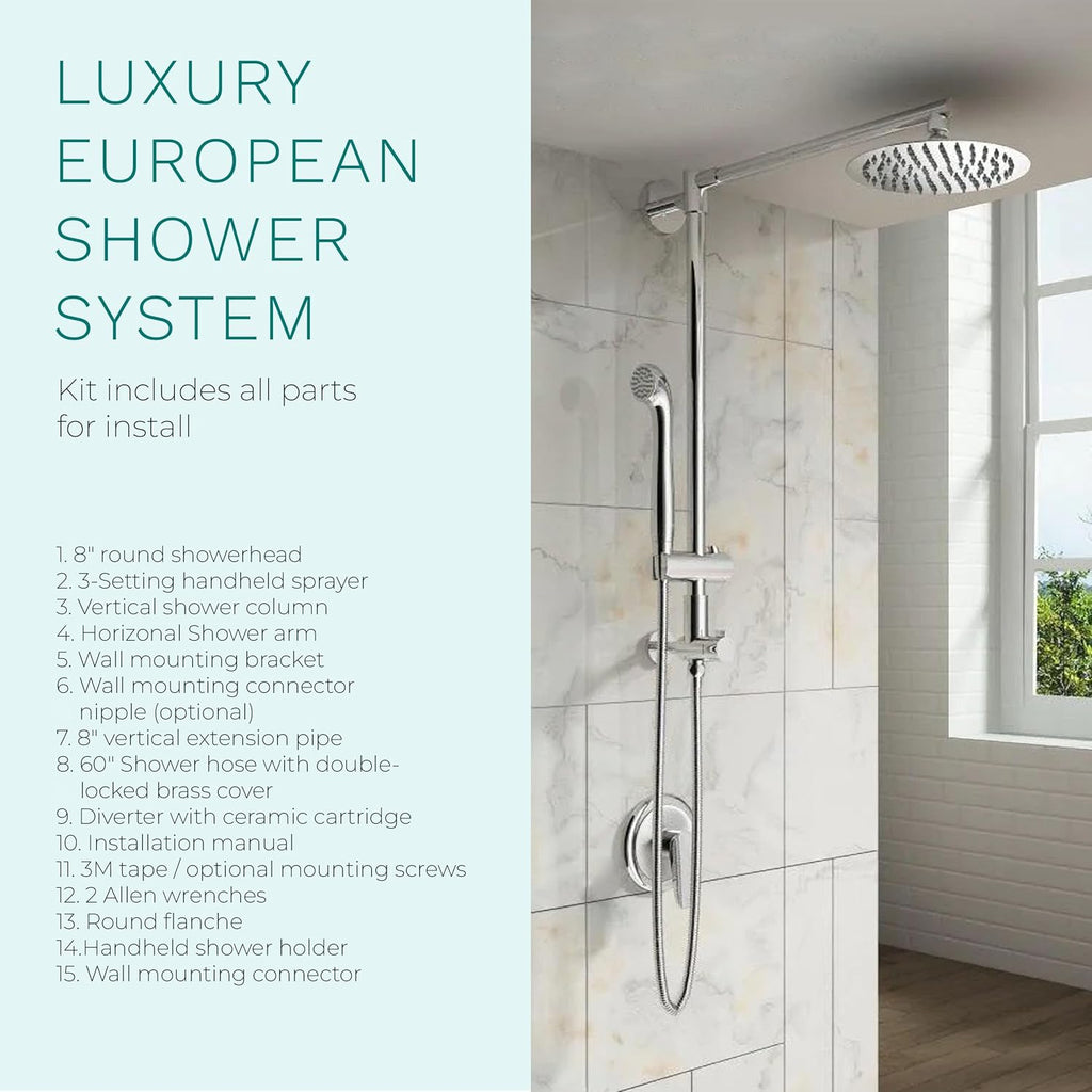 Fennocasa Polaris 3 Retrofit Rain Shower System, 3-Setting Handheld Shower Combo with Slide Bar, 8' Low Profile Shower Head (2.5 GPM Chrome)