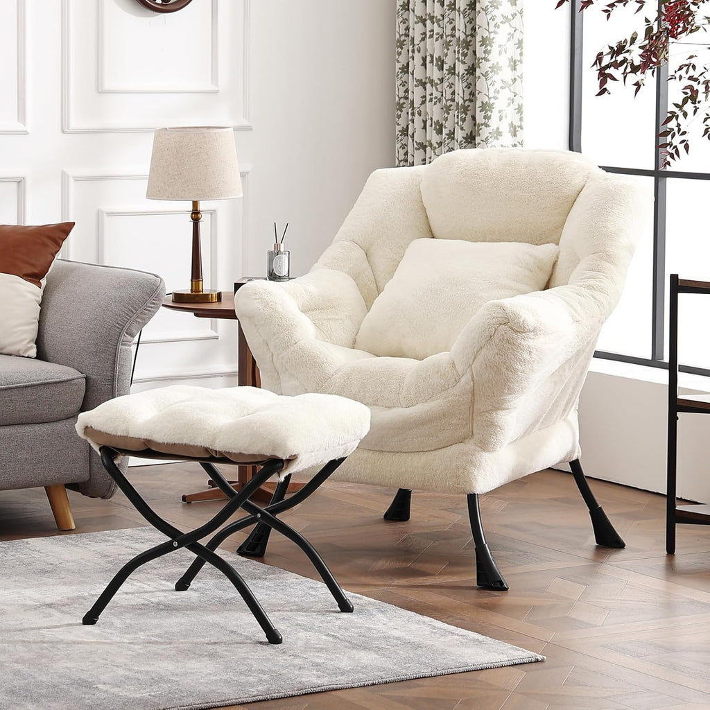 Lazy Chair with Ottoman, Large Lvory Accent Chair with Ottoman and FA Throw Pillow, Comfy Plush Reading Chair for Living Room Bedroom Dorm Room Office Apartment Relaxing Use