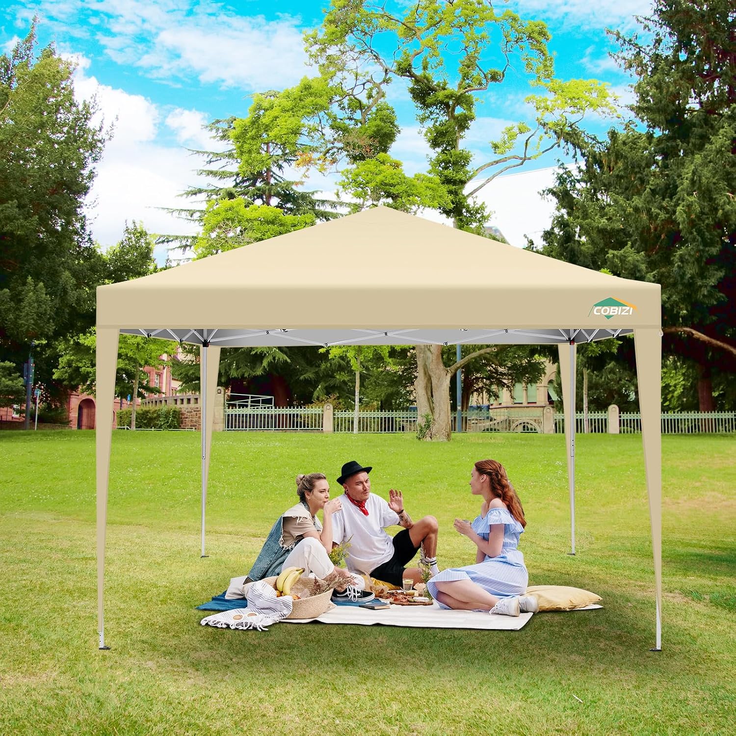 COBIZI 10x10 Pop Up Canopy Tent with 4 Sidewalls,10x10 Easy Up Waterproof Canopy Tents for Parties Camping Exhibition, Outdoor Easy Set U Gazebo Tent with Carry Bag,8 Stakes & 4 Ropes (Khaki)