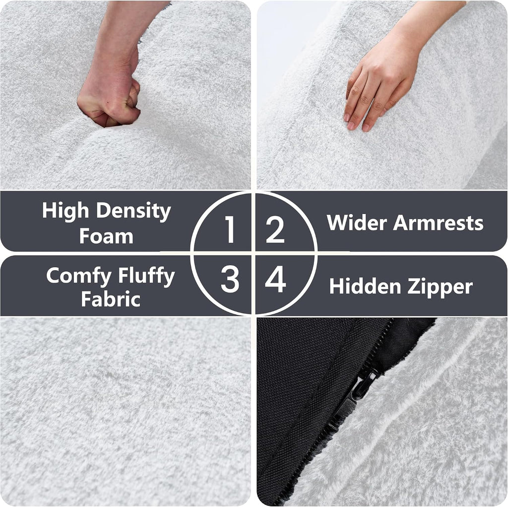 Bean Bag Chairs for Adults, Giant Beanbag Sofa Comfy Reading Chair, Oversized Bean Bag Chairs for Living Room Bedroom, Soft Faux Fur Fabric, 3.2FT, Light Grey, Plush