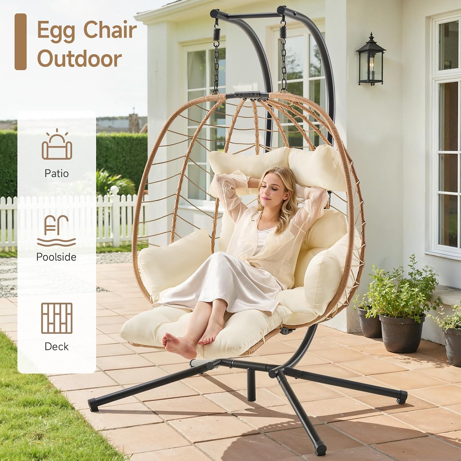 ONBRILL Double Egg Chair with Adjustable Footrest & Stand, Rattan Hammock Swing Loveseat with Cushions & Headrests, 650LBS Capacity Hanging Chairs for Outdoor & Indoor Patio, Deck, Bedroom (YE-BE)