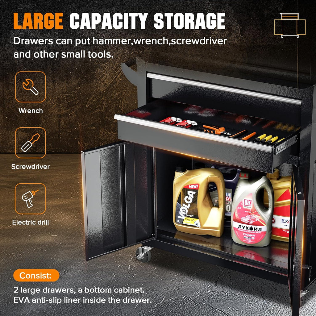 Oakcloud 8-Drawer Rolling Tool Chest and Cabinet Combo, Heavy-Duty Steel Garage Storage with Lock, Detachable Top Box & Bottom Cart on Wheels,Black