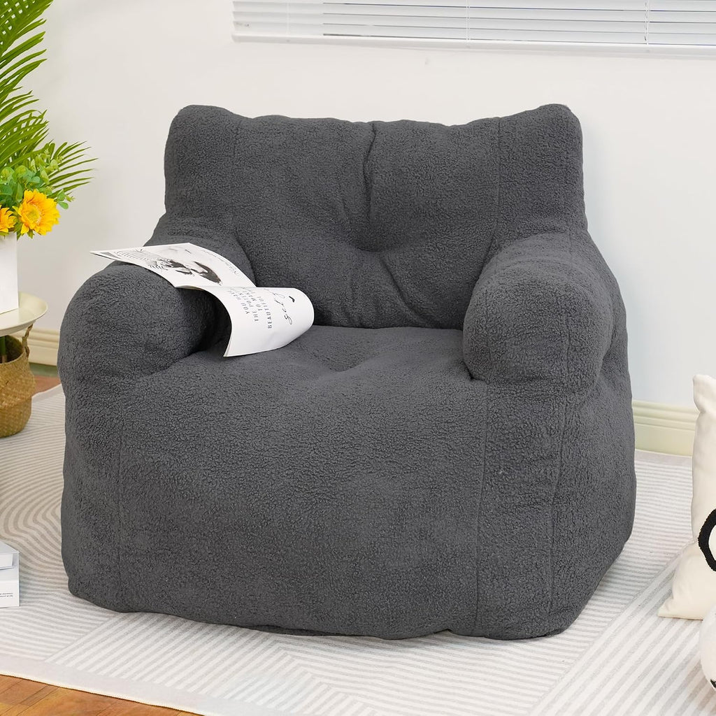 DKLGG Bean Bag Chairs for Adults, Giant Bean Bag Chair with Filler Included Faux Fur Bean Bag Sofa Memory Foam Large Bean Bag Chair with Armrest for Living Room, Bedroom, Gaming Room, Lounge, Grey